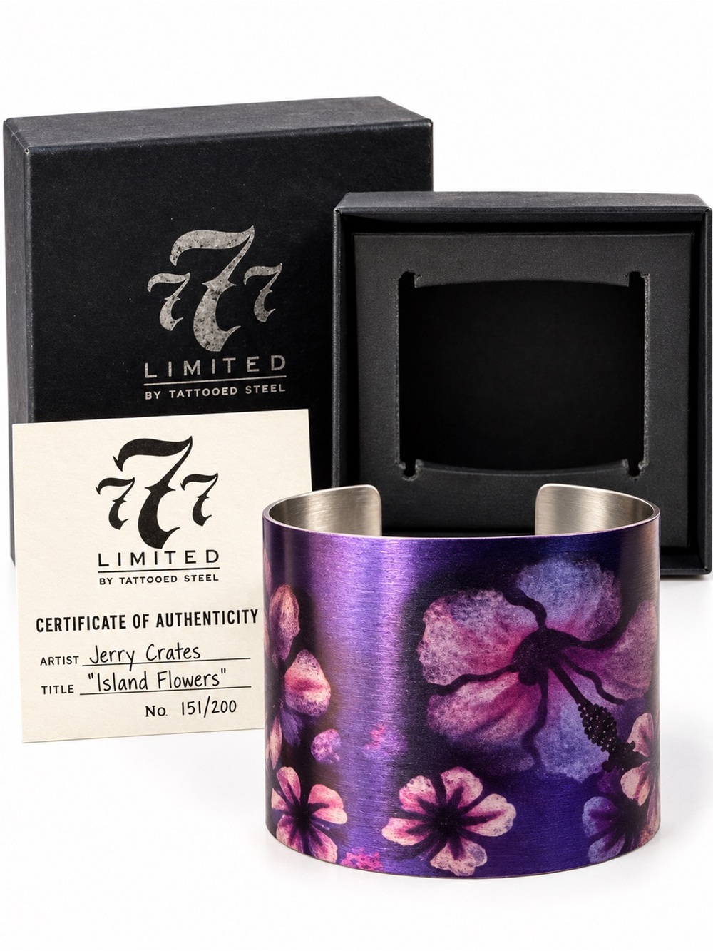 777 Limited Tattooed Steel Jerry Crates Island Flowers Cuff Bracelet 151/200
